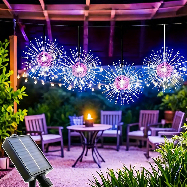 Solar-Feuerwerksleuchte beleuchtet Gartenweg und Pflanzen