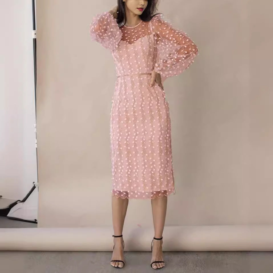 Women’s Sheer Dress with Transparent Puff Sleeves and Floral Embroidery