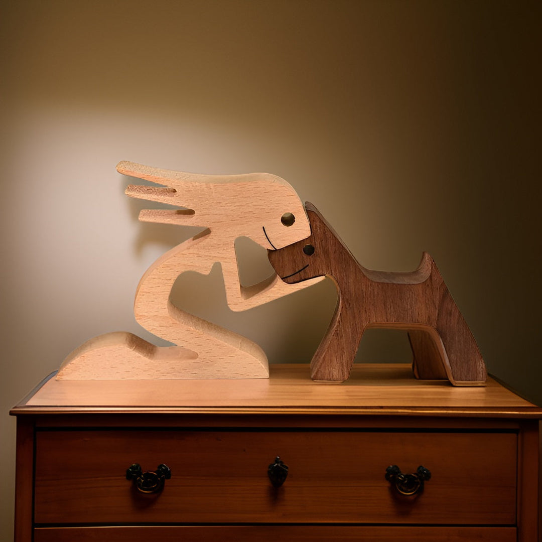 Holzskulptur Hund und Mensch handgefertigte Figurine