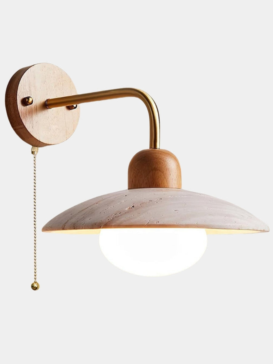 Moderne Travertin Wandleuchte – Scheibenform mit Holz- und Metallelementen