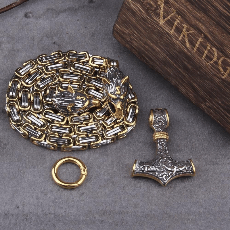 Wolfsköpfe und Mjolnir - Symbolische Halskette oder Armband für Männer