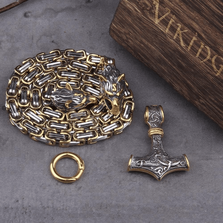 Wolfsköpfe und Mjolnir - Symbolische Halskette oder Armband für Männer