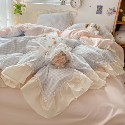 Bettwäsche Set kariert – Gingham Muster mit Rüschenkanten