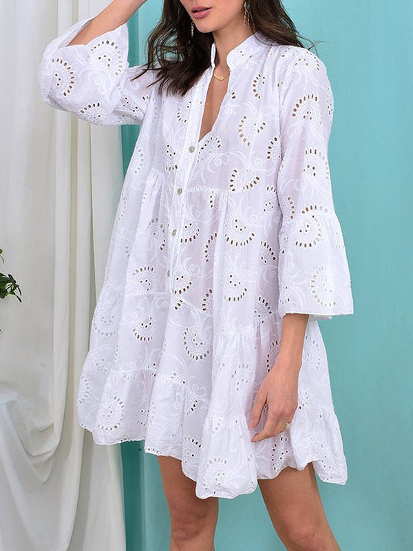 A-Line V-Neck Mini Dress with Flared Sleeves and Button Detail