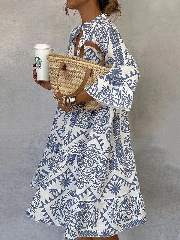 Loose V-Neck Falbala Print Midi Dress with Three-Quarter Sleeves