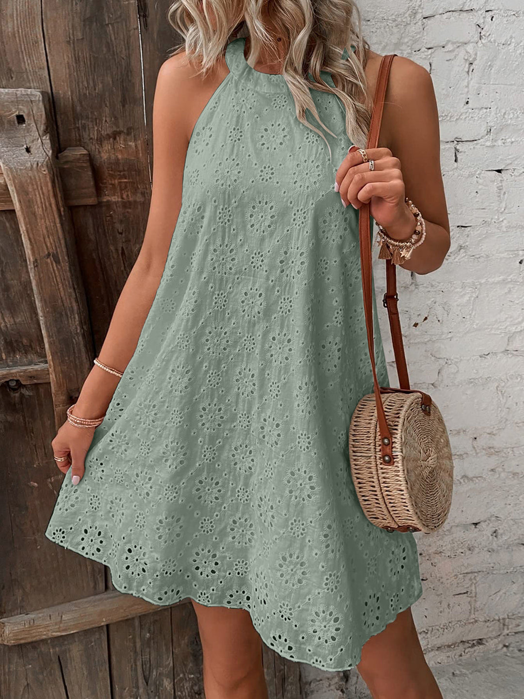 Eyelet Grecian Neckline Mini Dress