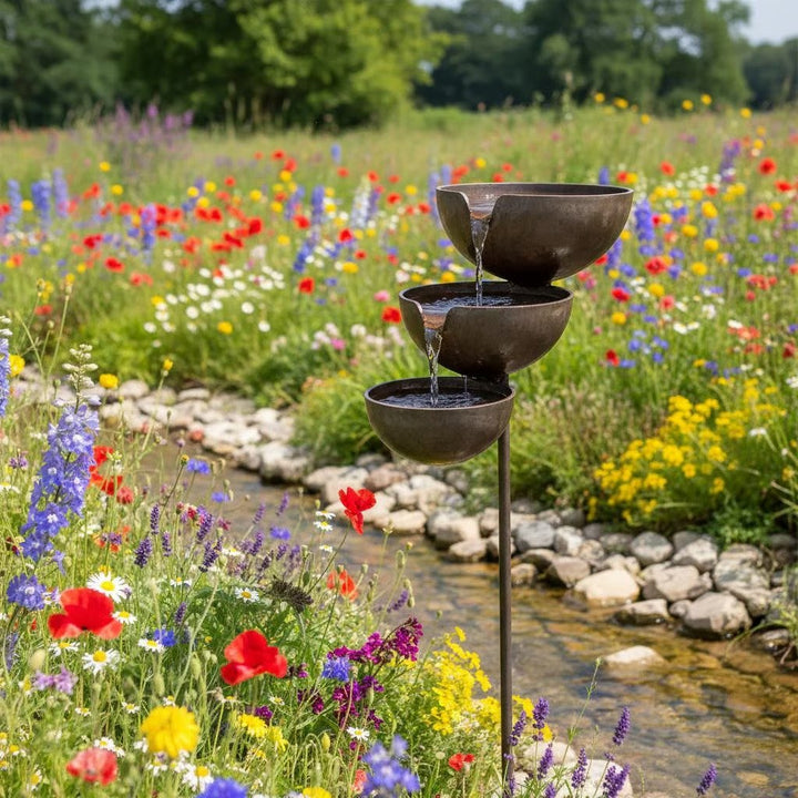 Vogelbad mit mehreren Ebenen als Gartendeko im Außenbereich