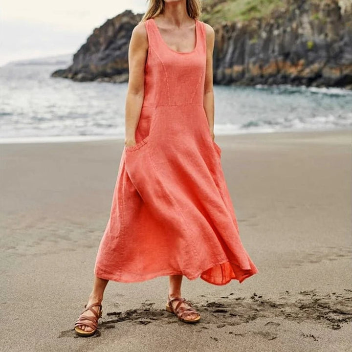 Women’s Sleeveless Cotton Linen Dress with Pockets