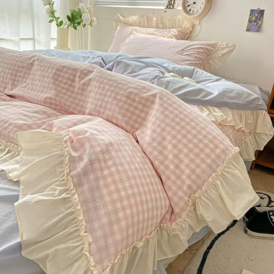 Bettwäsche Set kariert – Gingham Muster mit Rüschenkanten