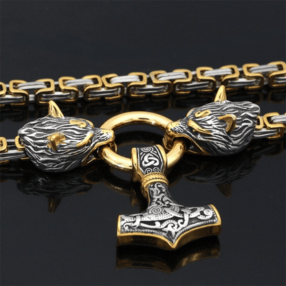 Wolfsköpfe und Mjolnir - Symbolische Halskette oder Armband für Männer