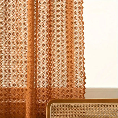 Boho Häkelvorhang – Tüllvorhang mit Karomuster in warmem Orange
