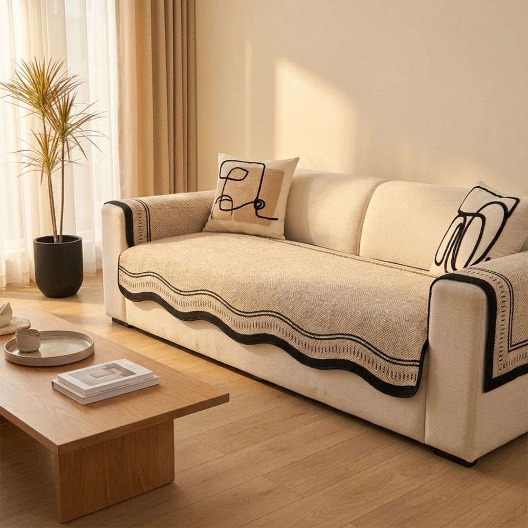 Sofabezug auf einem Sofa in stilvoller Wohnumgebung aus verschiedenen Winkeln