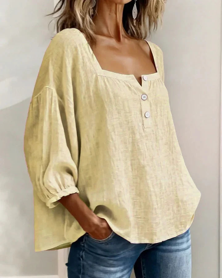 Cotton Blouse with Square Neckline and Long Sleeves