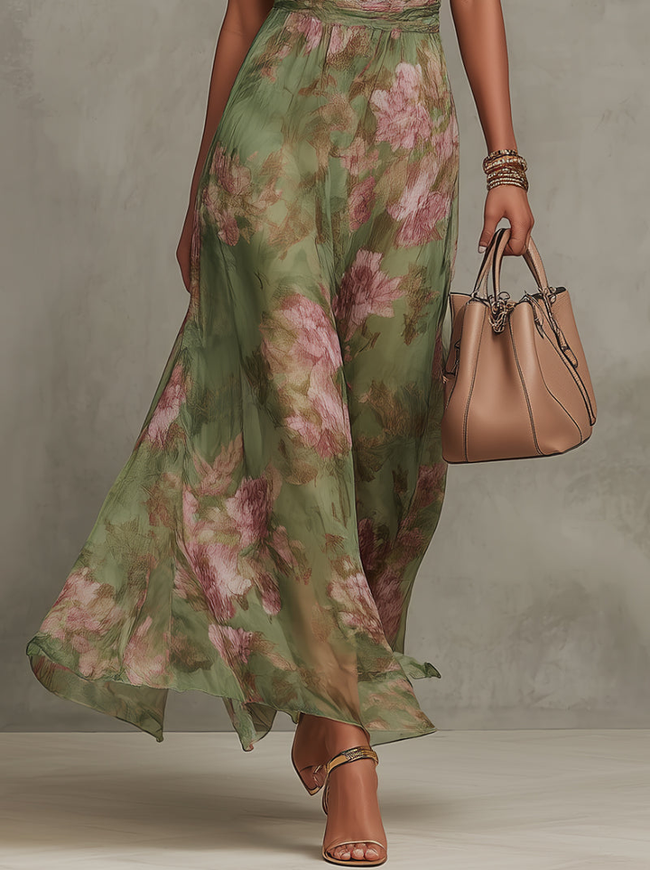 Green Floral Chiffon Halter Neck Maxi Dress