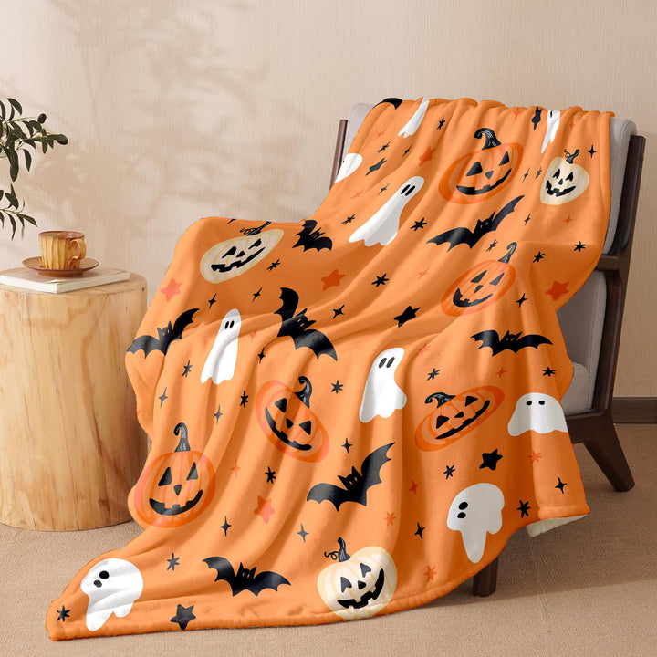 Orange Halloween-Decke mit Fledermaus- und Kürbismuster