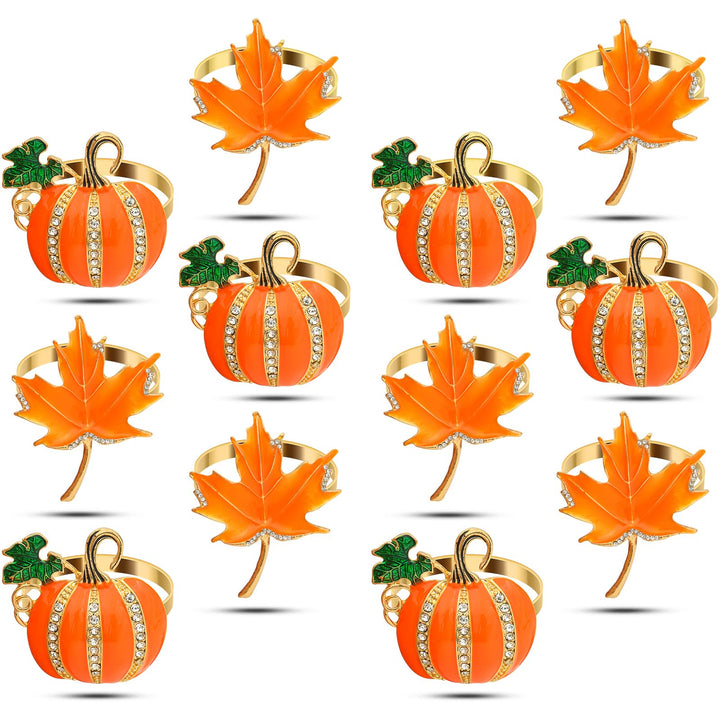 12 orangefarbene Serviettenringe mit Kürbis- und Ahornblattmotiven