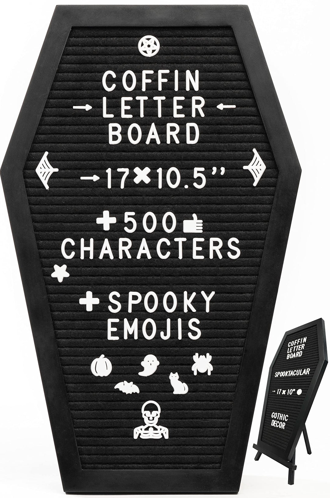 Schwarzes Buchstabenbrett in Sargform mit gruseligen und saisonalen Emojis