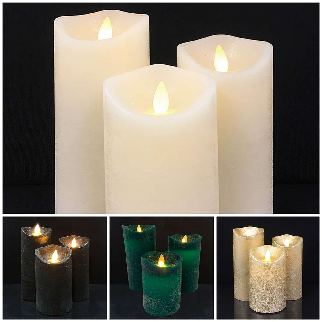 LED-Säulenkerzen Rustikal Set 3 mit 3D-Flamme