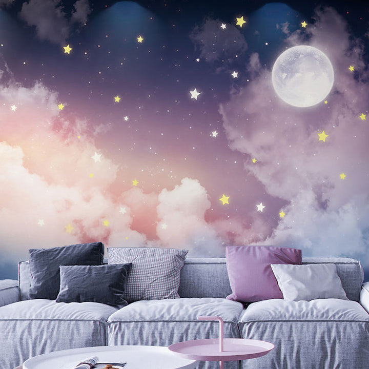Wandtapete „Mond & Sterne“ in Rosa und Lila