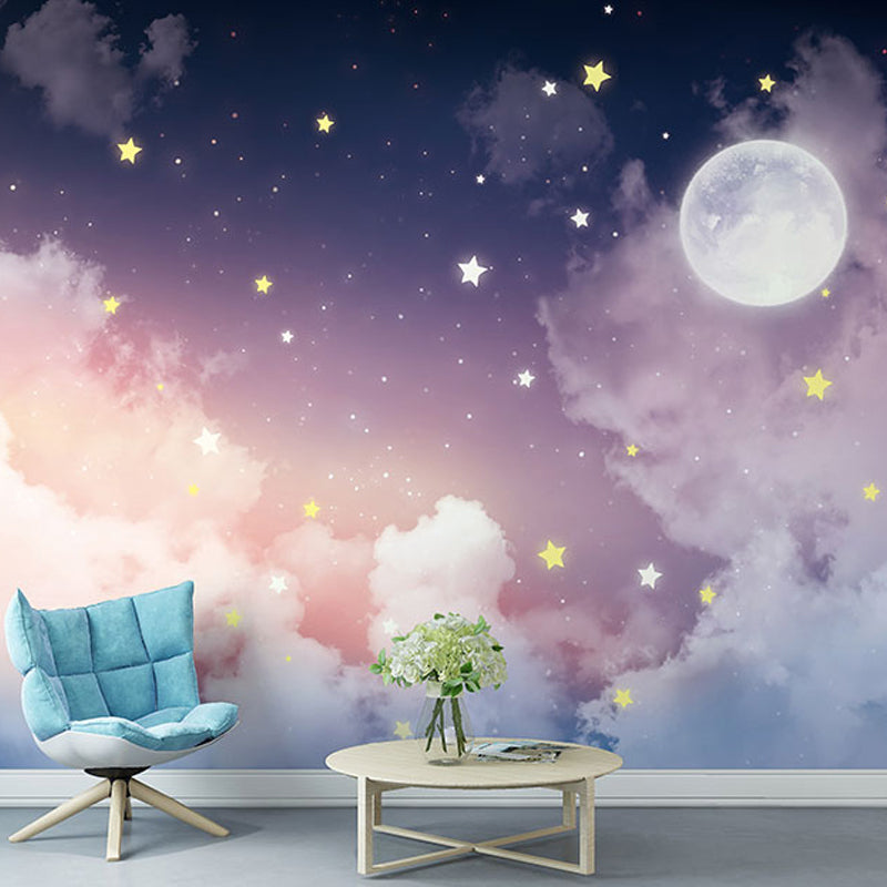Wandtapete „Mond & Sterne“ in Rosa und Lila
