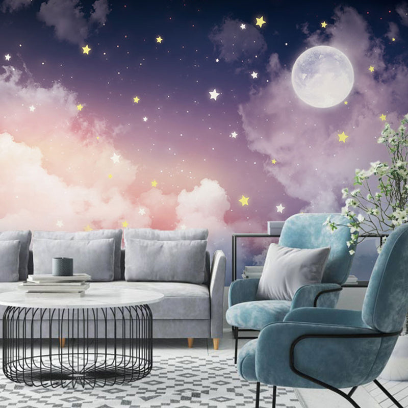 Wandtapete „Mond & Sterne“ in Rosa und Lila