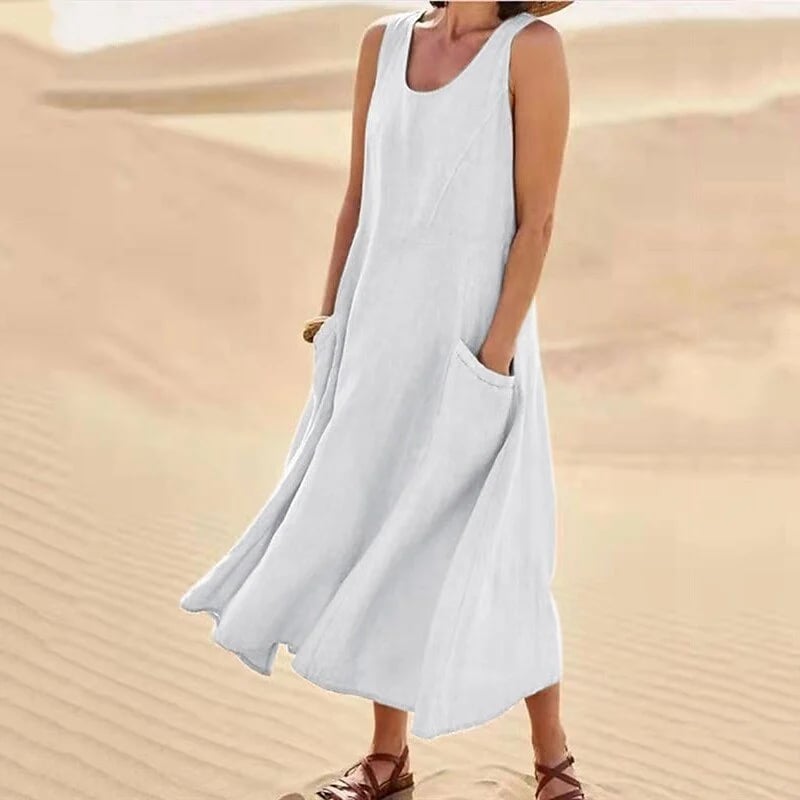 Women’s Sleeveless Cotton Linen Dress with Pockets