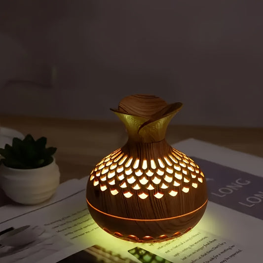 USB Luftbefeuchter mit Lampe – Holzoptik Blütendesign für Zuhause & Büro