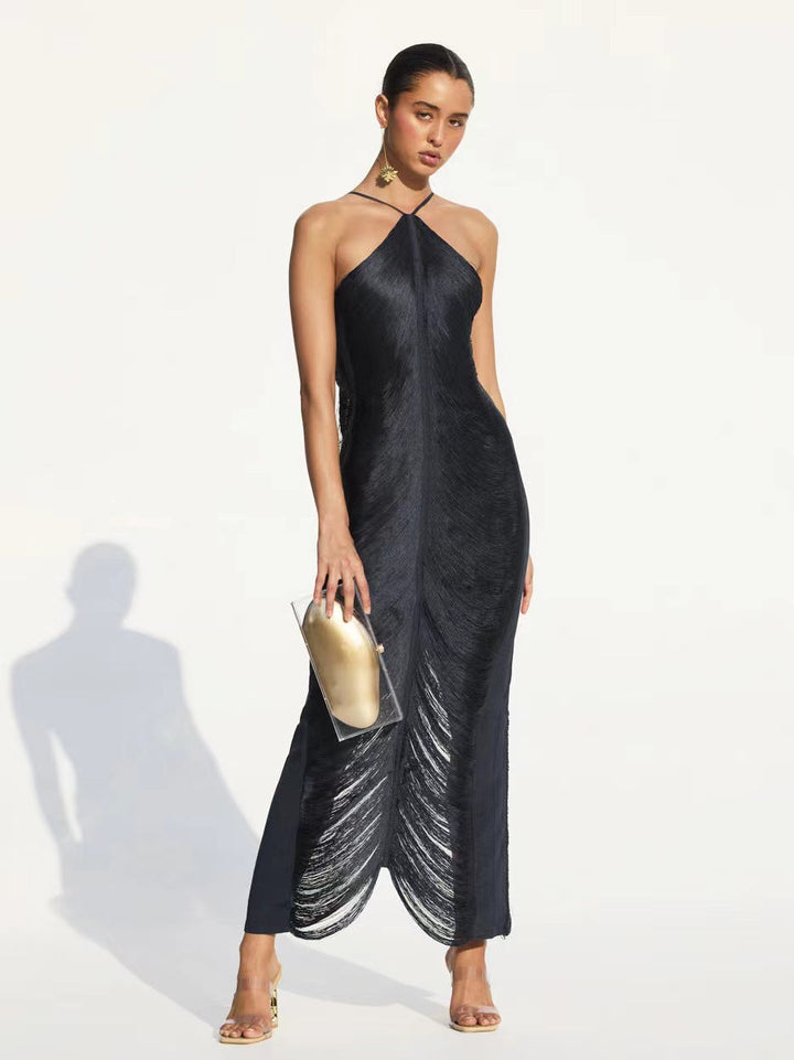 Women’s Elegant Long Dress with Sophisticated Slit and Collar