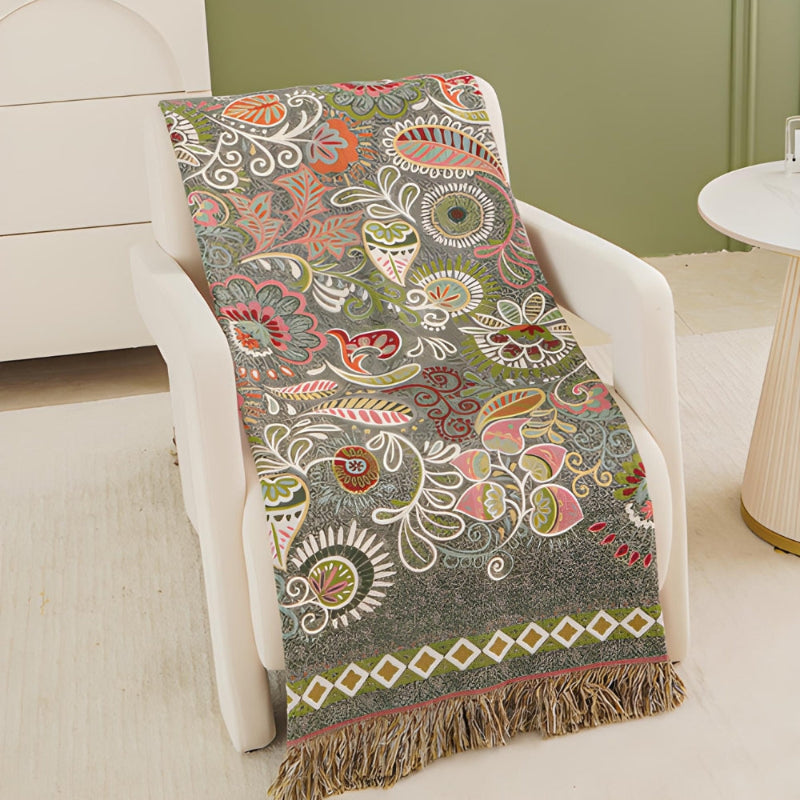 Baumwolldecke Boho – Wendeplaid mit floralem Muster und Fransen