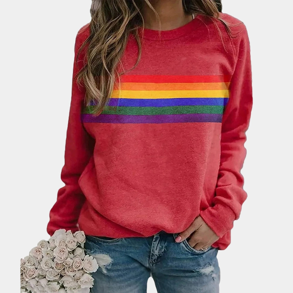 Damen Sweatshirt Mit Regenbogenstreifen Und Rundhalsausschnitt