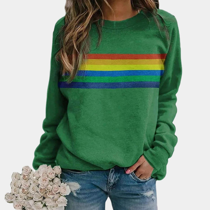 Damen Sweatshirt Mit Regenbogenstreifen Und Rundhalsausschnitt
