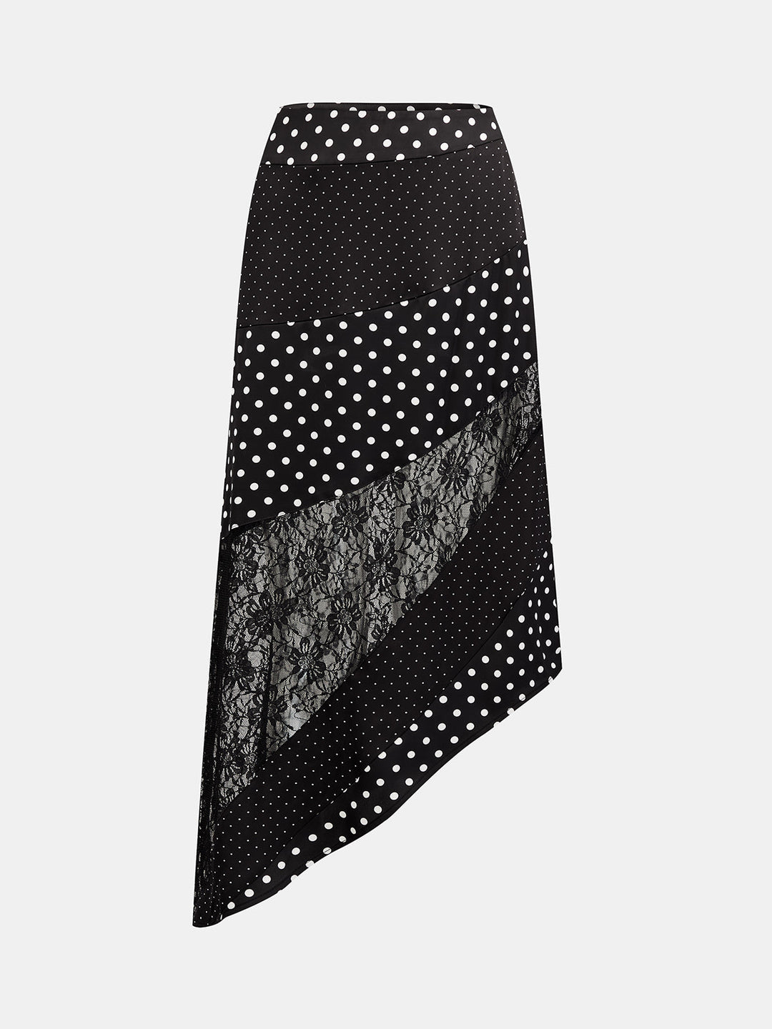 Asymmetrischer Midirock mit Spitze und Tupfenmuster in Vorderansicht