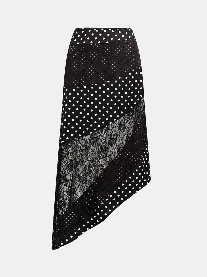 Asymmetrischer Midirock mit Spitze und Tupfenmuster in Vorderansicht
