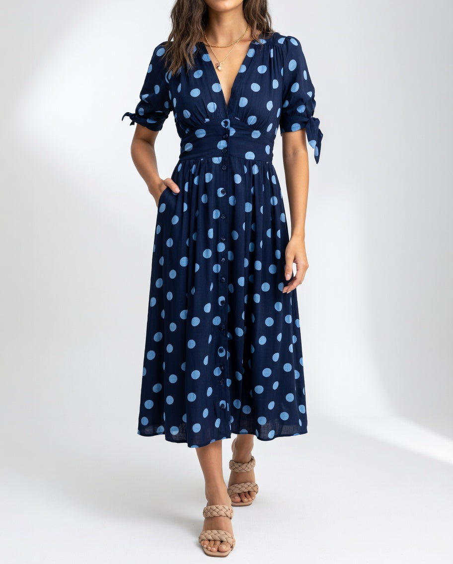 Elegant Polka Dot Midi Dress for Women