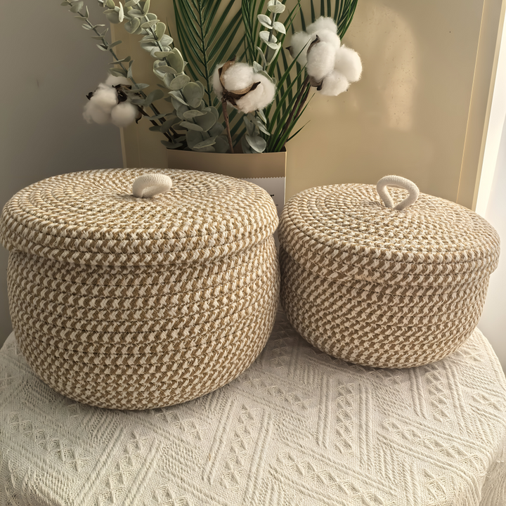 Runder Aufbewahrungskorb aus Jute und Baumwolle mit Deckel in natürlicher Optik