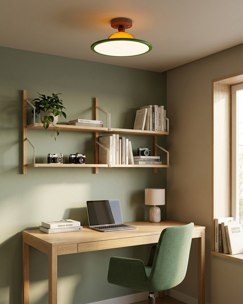 Nahaufnahme des Acrylschirms und Holzrahmens der LED-Deckenleuchte