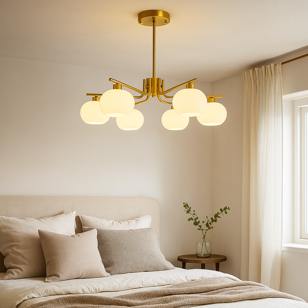 Bauhaus Kronleuchter fürs Schlafzimmer aus Glas und Metall
