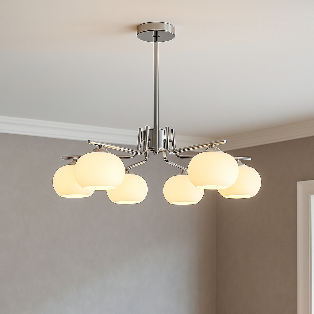 Bauhaus Kronleuchter fürs Schlafzimmer aus Glas und Metall