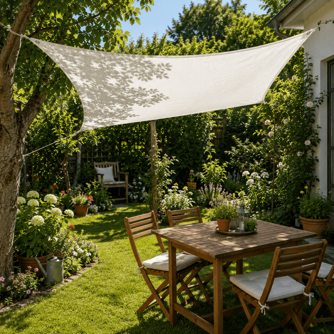 Schattierungsnetz als Sonnenschutz über einer Terrasse befestigt