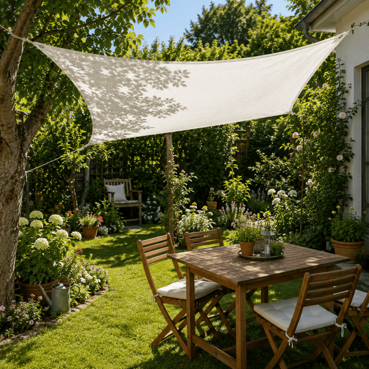 Schattierungsnetz als Sonnenschutz über einer Terrasse befestigt