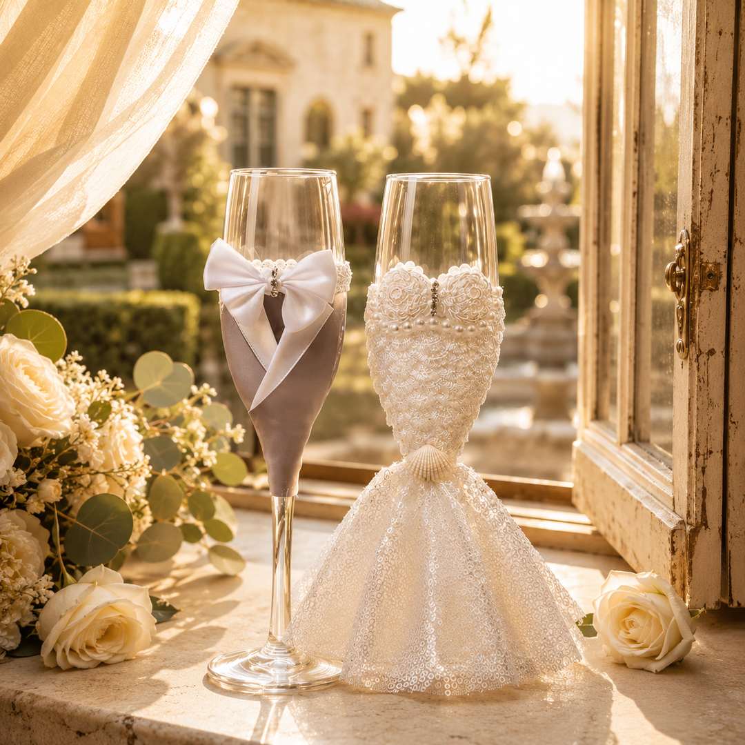 Zwei Glas-Sektgläser als Geschenk für Brautpaar und Hochzeit