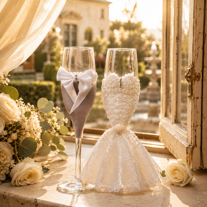 Zwei Glas-Sektgläser als Geschenk für Brautpaar und Hochzeit