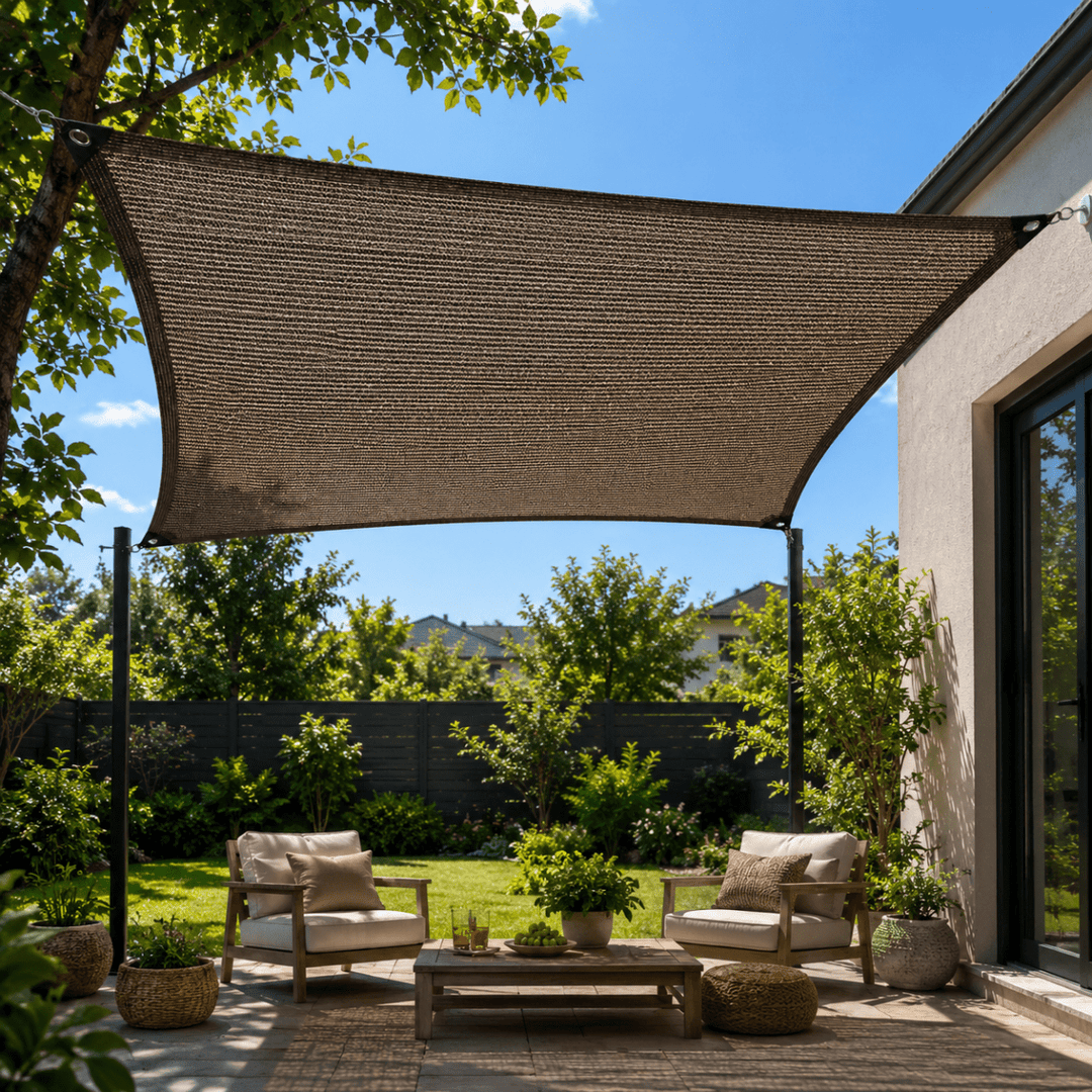 Sonnenschutznetz für den Außenbereich über einer Terrasse gespannt