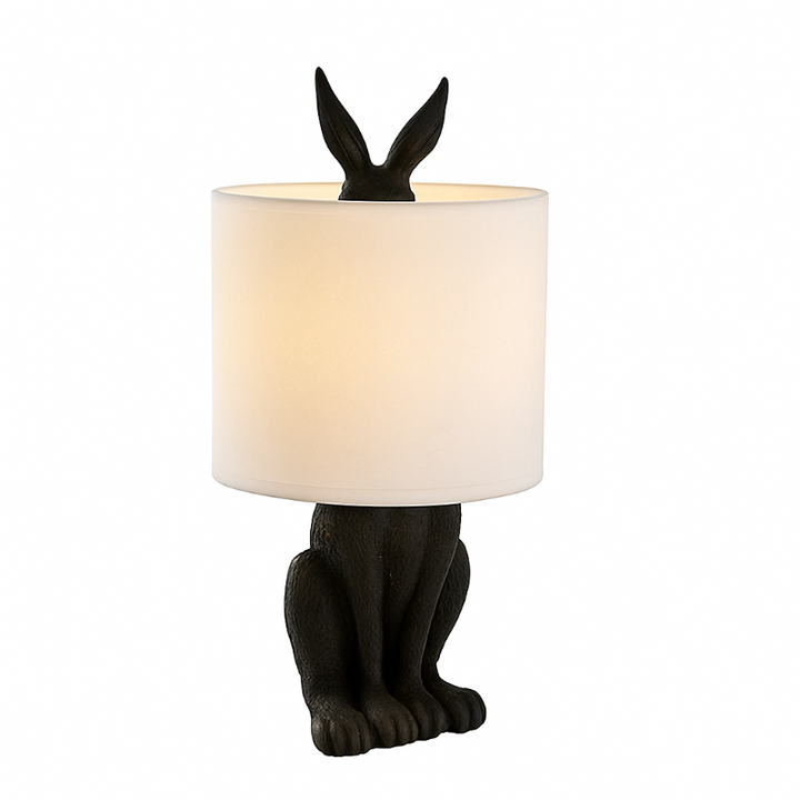 Nachtischlampe Masked Rabbit aus Kunstharz mit Stoffschirm