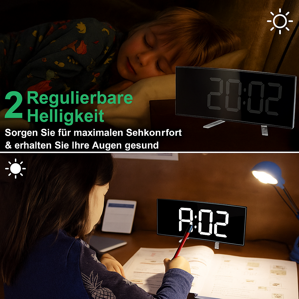 LED-Wecker CurveClock gebogen mit Großanzeige – dimmbar, leise & modern