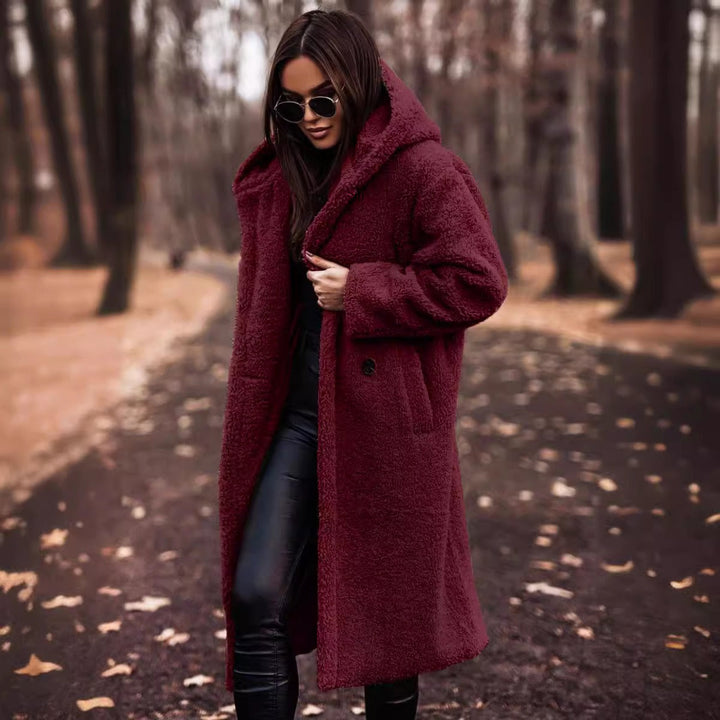 Damen Oversize Wollmantel Lang Mit Kapuze Und Knopfverschluss