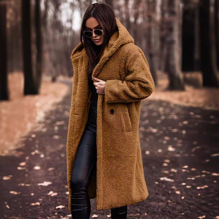 Damen Oversize Wollmantel Lang Mit Kapuze Und Knopfverschluss