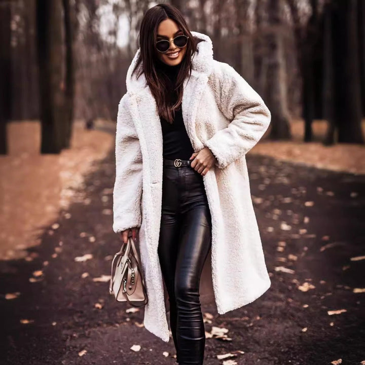 Damen Oversize Wollmantel Lang Mit Kapuze Und Knopfverschluss