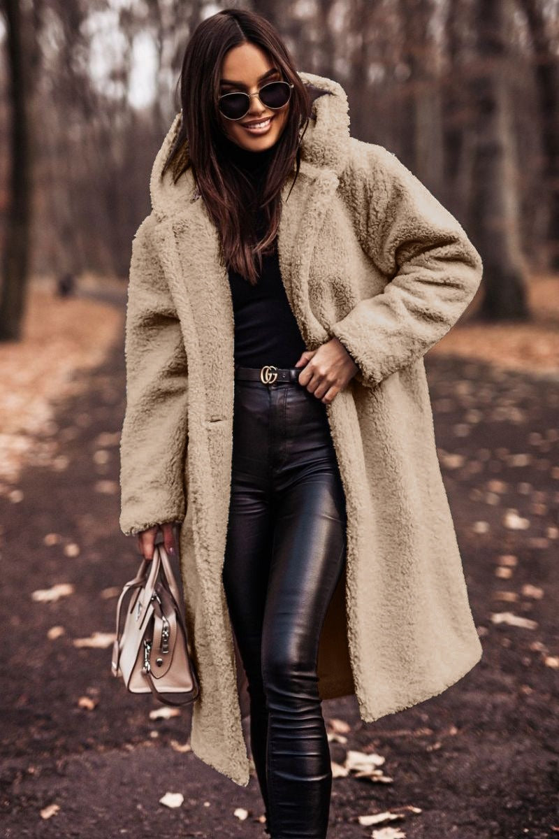 Damen Oversize Wollmantel Lang Mit Kapuze Und Knopfverschluss
