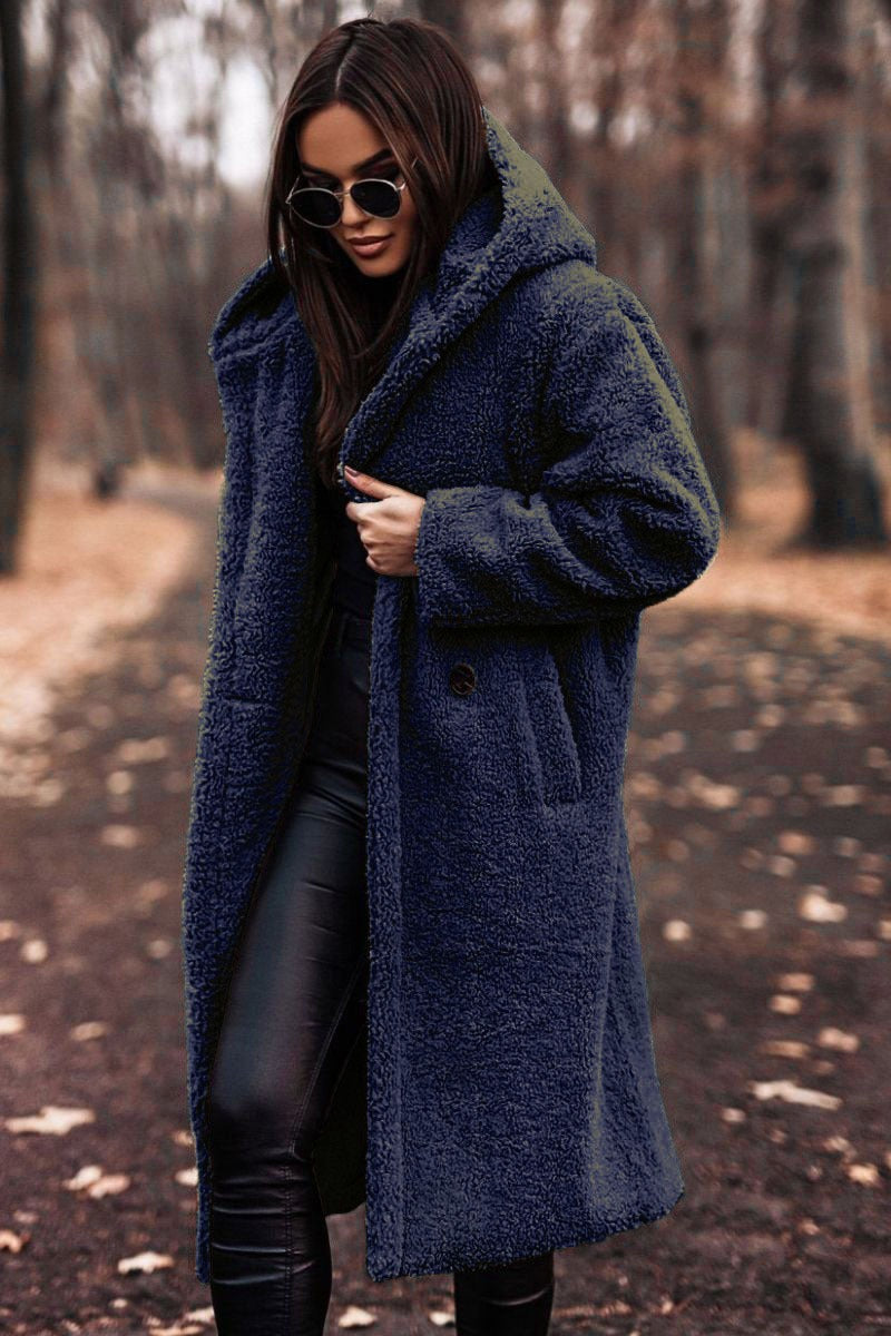 Damen Oversize Wollmantel Lang Mit Kapuze Und Knopfverschluss